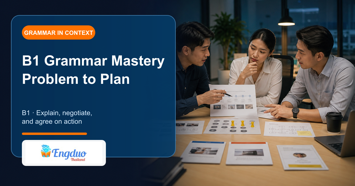 Engduo B1 mastery lesson cover showing adults solving a realistic problem through evidence options conditions and a shared plan