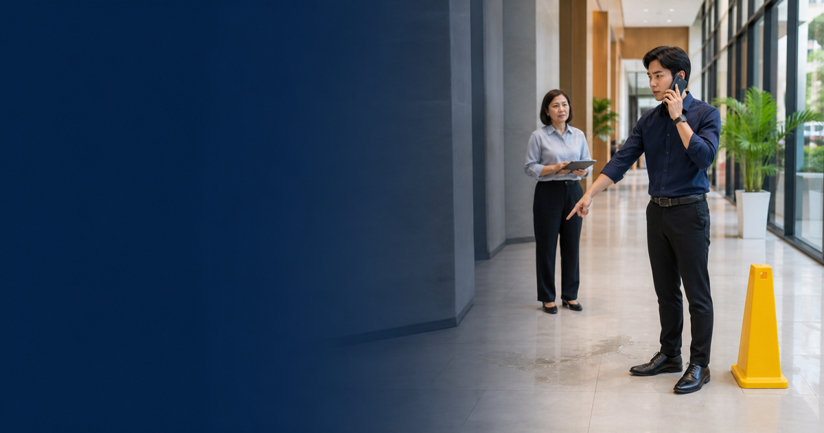 An employee safely reports a wet-floor incident to responsible staff in a public building