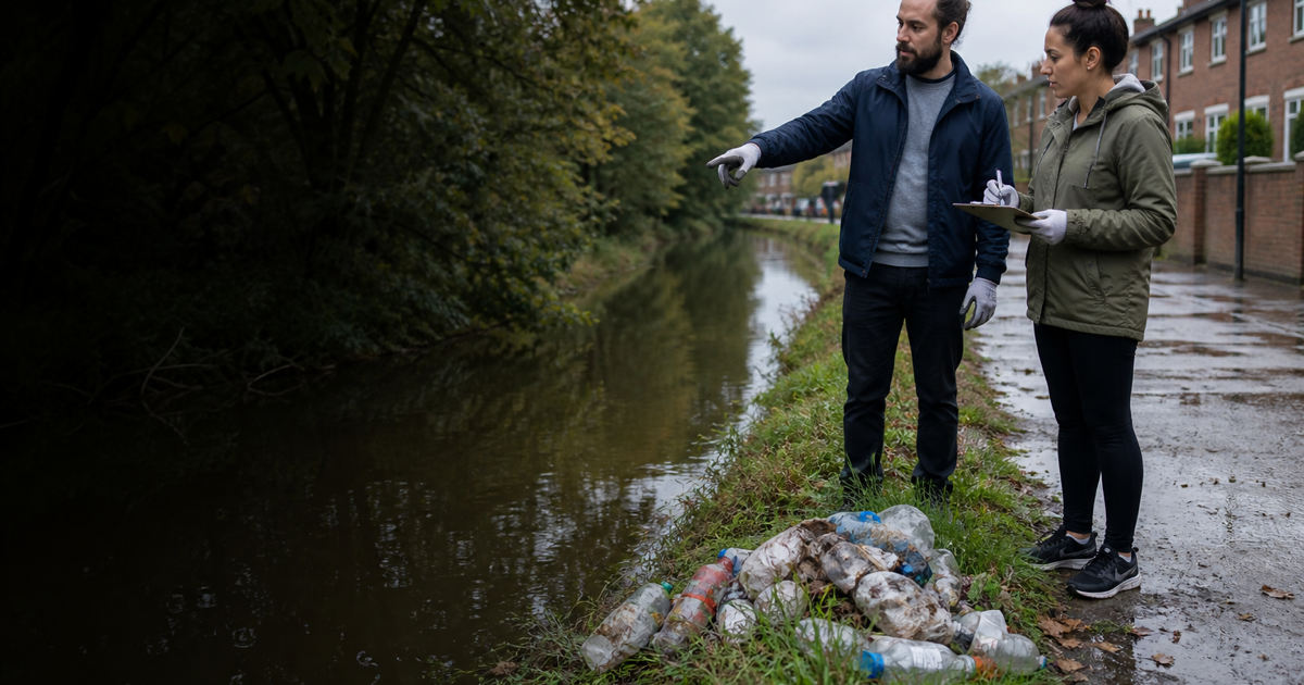 Community volunteers examine plastic waste beside a neighbourhood canal