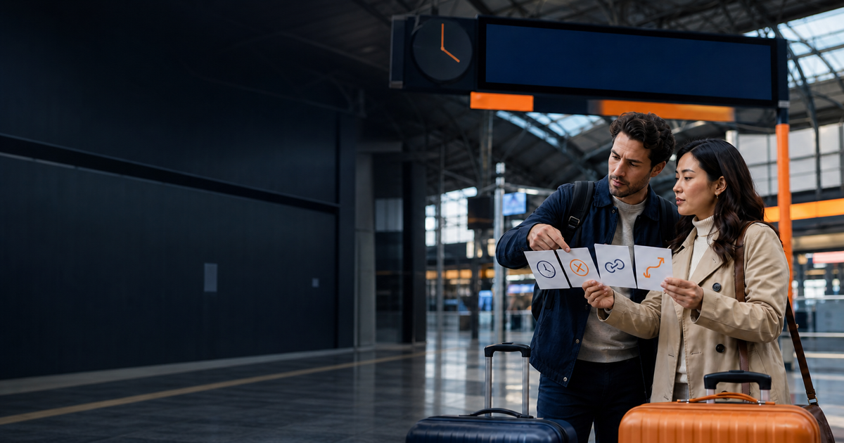 Two travellers discuss a disruption at a railway station