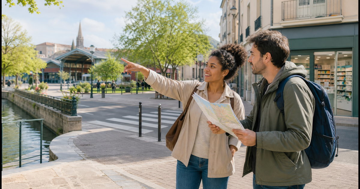 A local person points out a town route while a traveller checks a paper map beside a canal and pedestrian crossing.