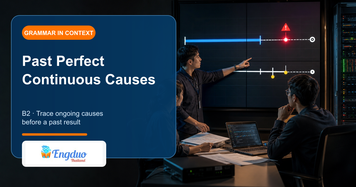 Engduo B2 grammar lesson cover showing colleagues reconstructing an earlier ongoing cause behind a later workplace incident