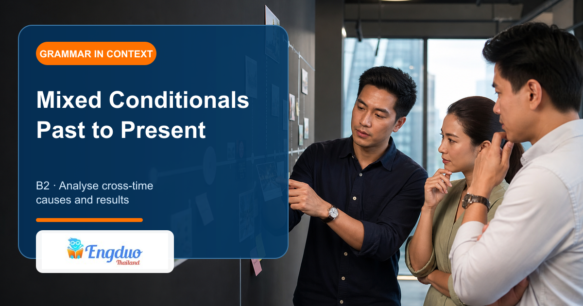 Engduo B2 grammar lesson cover showing adults comparing a past decision with its present consequence on a cross-time decision map