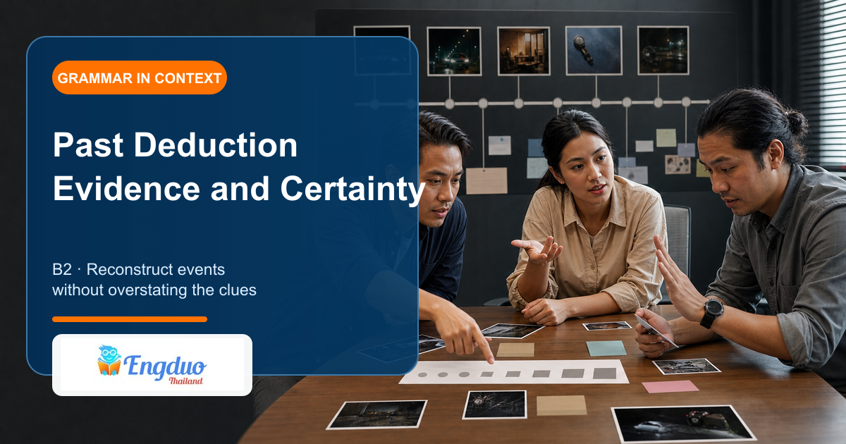 Engduo B2 grammar lesson cover showing adults reconstructing a past incident from evidence and ranking explanations by certainty