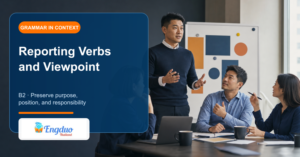 Engduo B2 grammar lesson cover showing a meeting facilitator distinguishing speakers claims promises warnings and recommendations