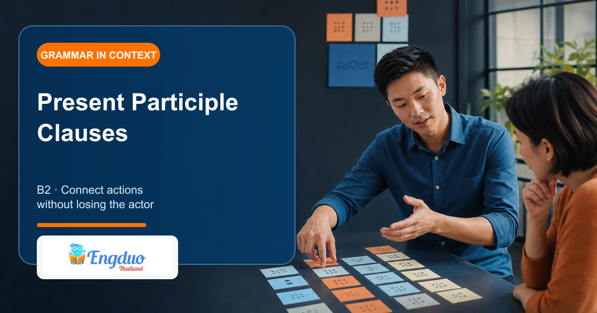 Engduo B2 grammar lesson cover showing one person completing connected actions while explaining a process to colleagues