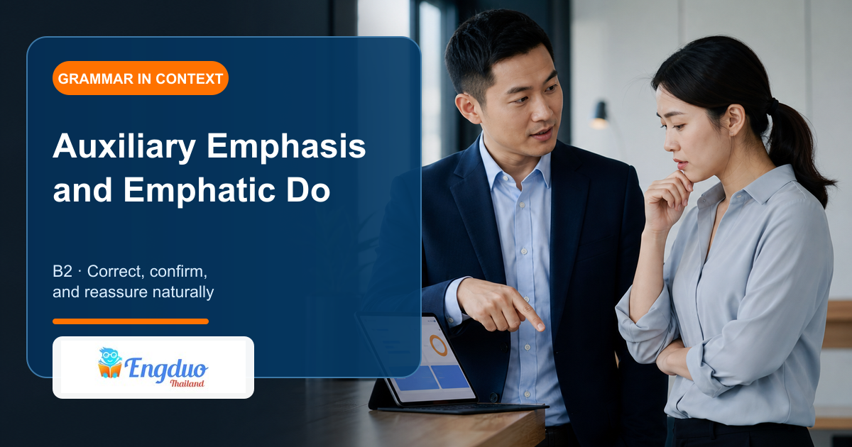 Engduo B2 grammar lesson cover showing one professional reassuring a concerned colleague and correcting a misunderstanding