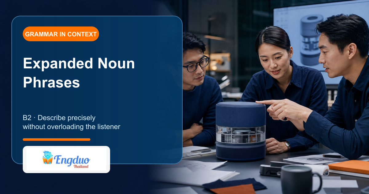 Engduo B2 grammar lesson cover showing professionals examining a product and selecting the most useful descriptive features