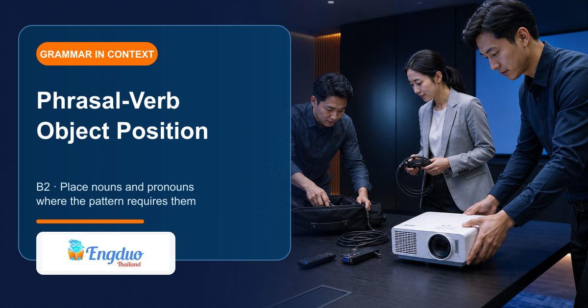Engduo B2 grammar lesson cover showing a team giving setup instructions and placing equipment correctly