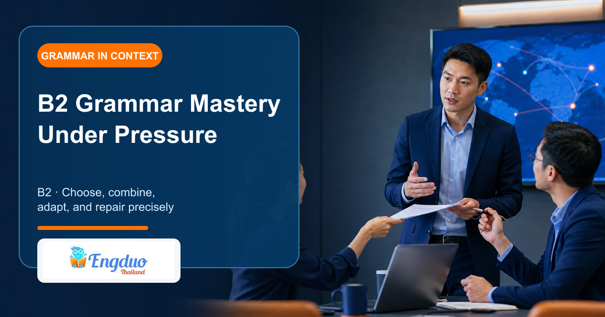 Engduo B2 grammar mastery lesson cover showing a professional giving a timed briefing while responding calmly to new information