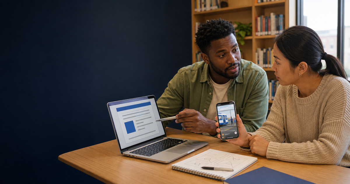 Two adult learners compare an official notice on a laptop with an eyewitness video on a phone