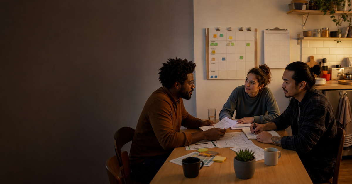 Three adult housemates negotiate responsibilities and repairs around a shared table