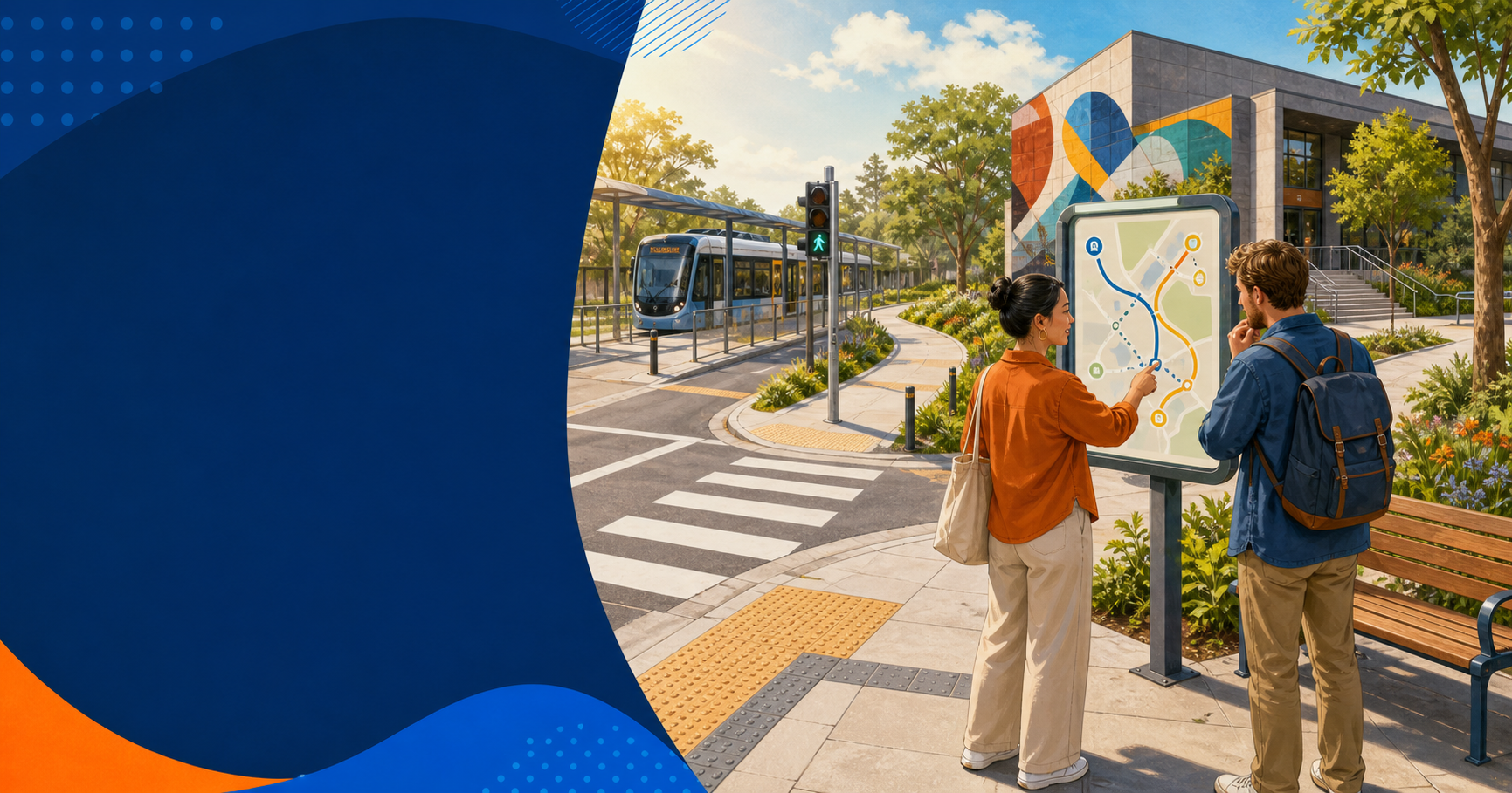 A visitor and local host compare accessible routes beside a tram stop and community arts centre