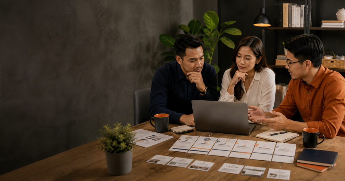 Three professionals compare career paths and a development plan around a table