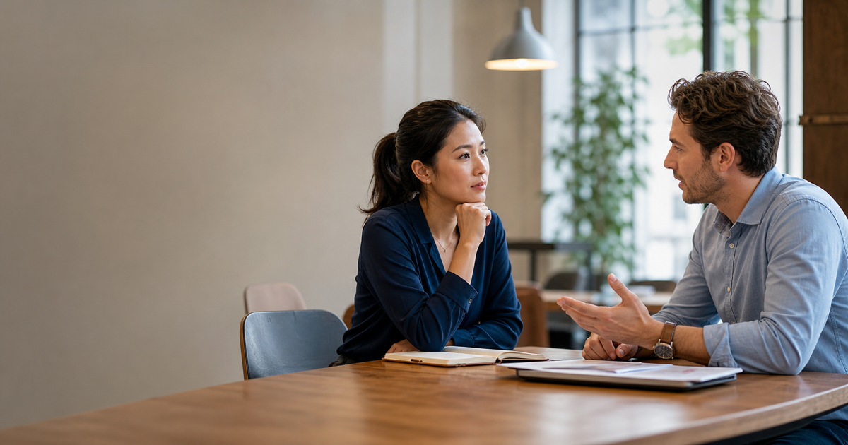 Two adults discuss whether a person is honest, blunt, or direct