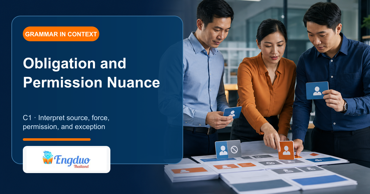 Engduo C1 grammar lesson cover showing professionals interpreting a policy and distinguishing requirements permissions exceptions and unnecessary actions