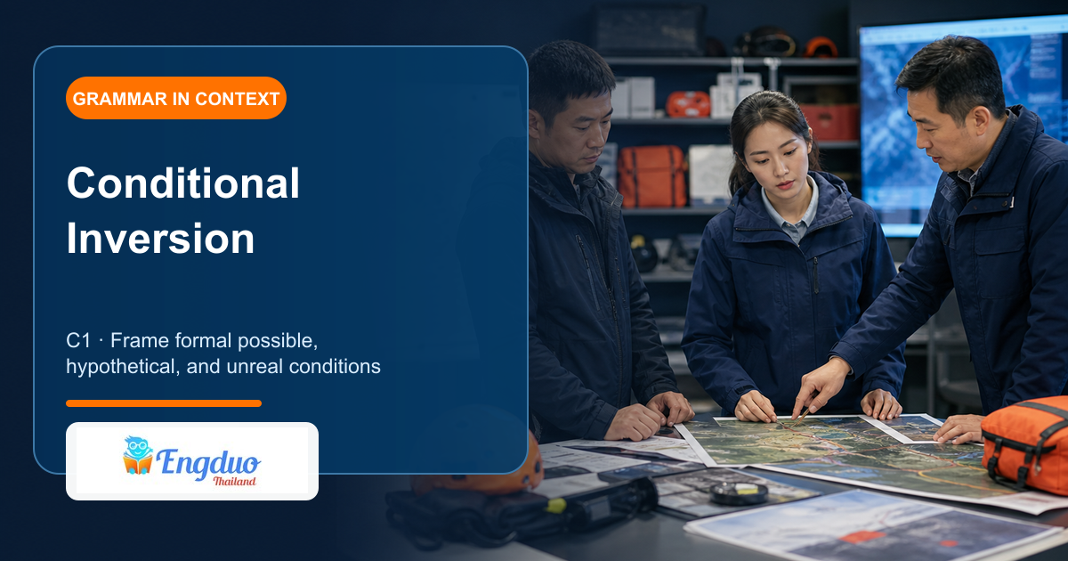 Engduo C1 grammar lesson cover showing a team preparing formal contingency responses for possible hypothetical and past counterfactual scenarios