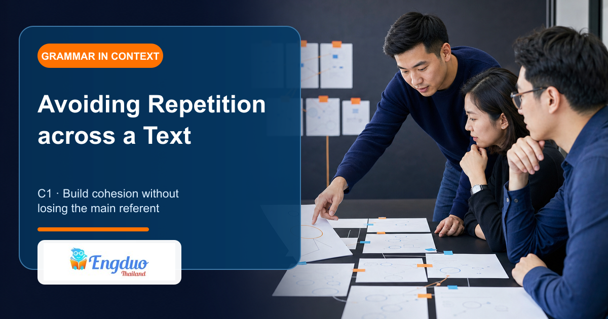 Engduo C1 grammar lesson cover showing an editor connecting paragraphs and tracking repeated references across a report