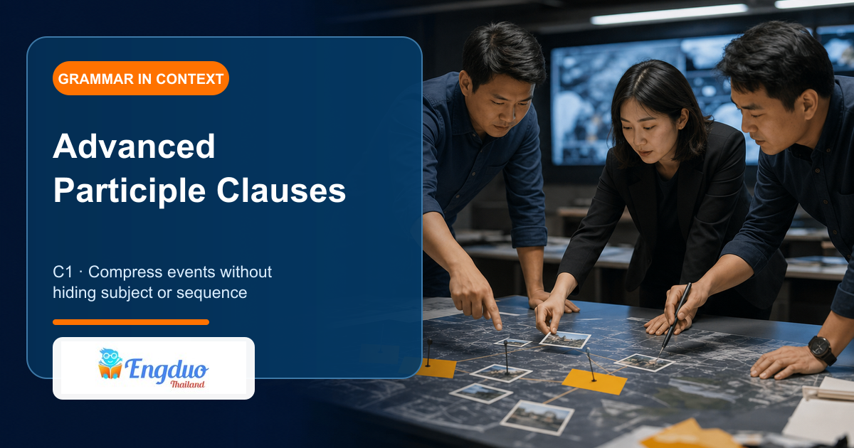 Engduo C1 grammar lesson cover showing investigators arranging an incident sequence and compressing related events accurately