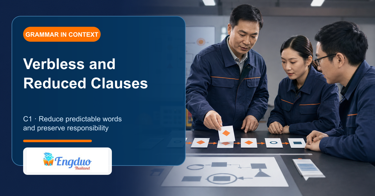Engduo C1 grammar lesson cover showing a team simplifying complex operating instructions while preserving each condition