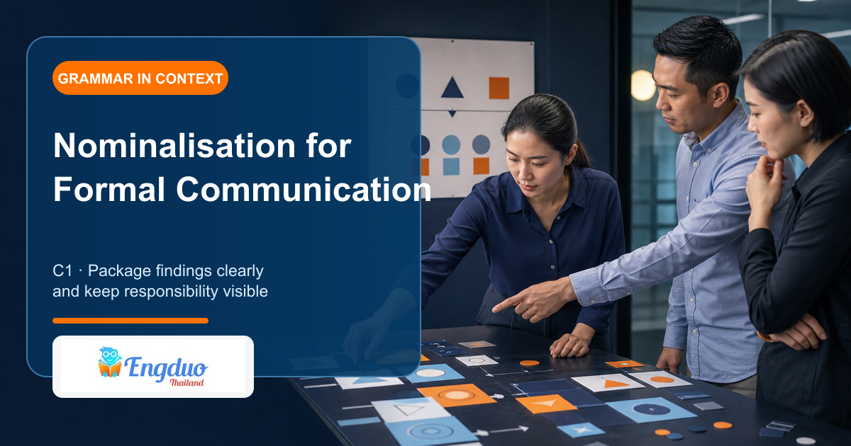 Engduo C1 grammar lesson cover showing analysts converting actions and findings into a concise formal summary