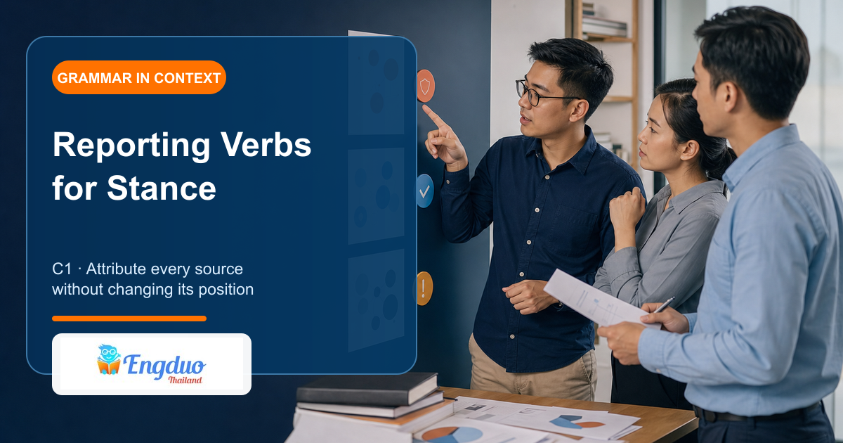 Engduo C1 grammar lesson cover showing a researcher comparing sources and assigning accurate reporting stances