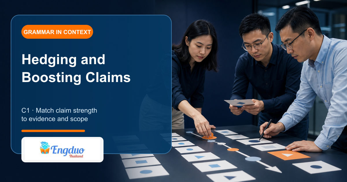 Engduo C1 grammar lesson cover showing analysts adjusting the strength of claims against different levels of evidence