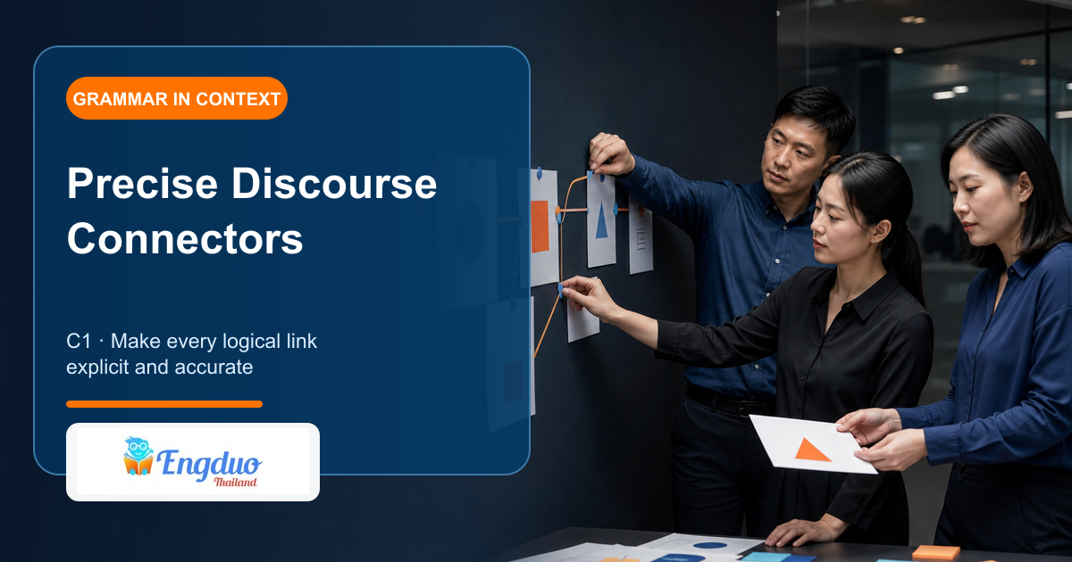 Engduo C1 grammar lesson cover showing analysts linking evidence and recommendations through exact logical relationships