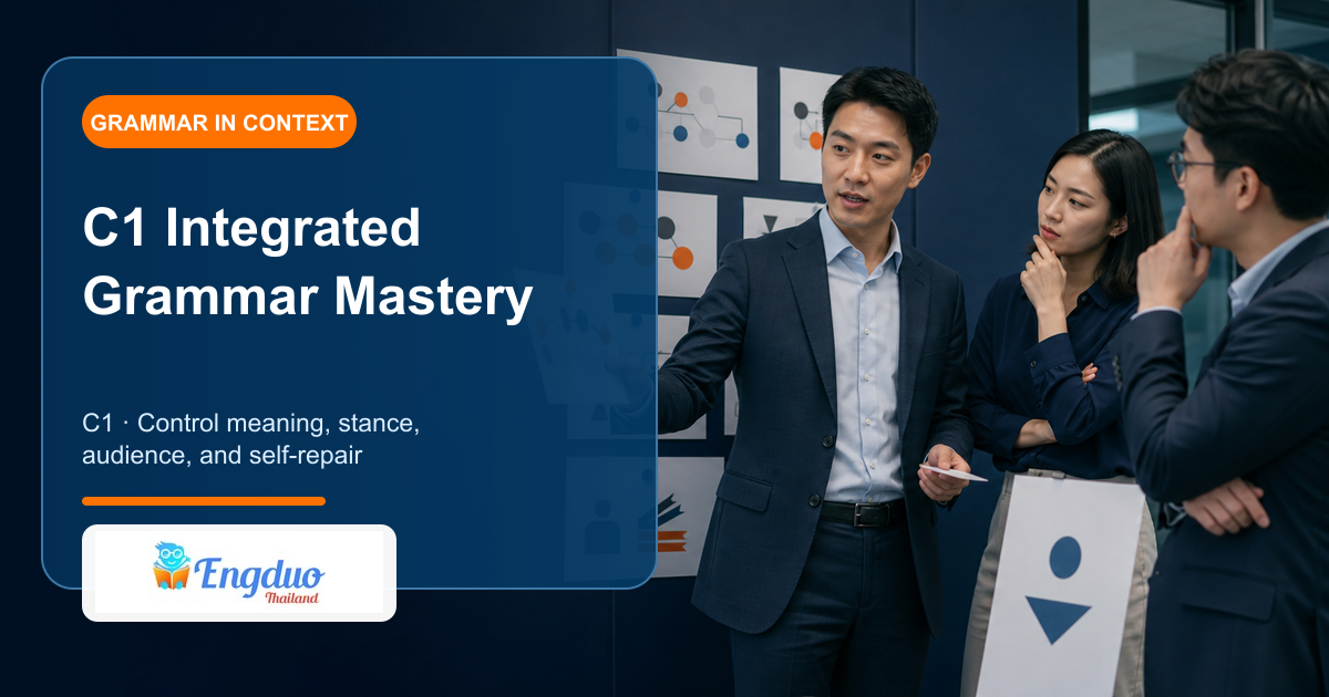 Engduo C1 mastery lesson cover showing a professional integrating evidence sources audience and final recommendation into one decision briefing
