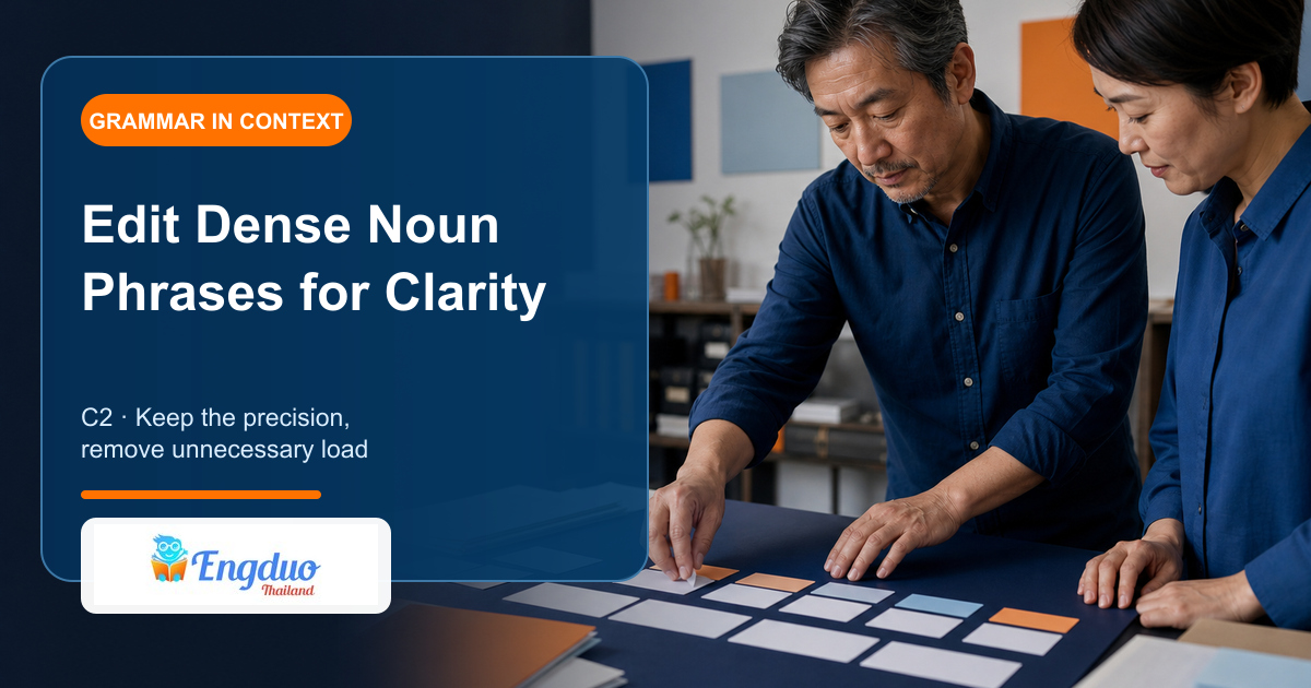 Engduo C2 grammar lesson cover showing an editor unpacking a dense noun phrase into head modifiers agents and clauses before rebuilding a clear summary