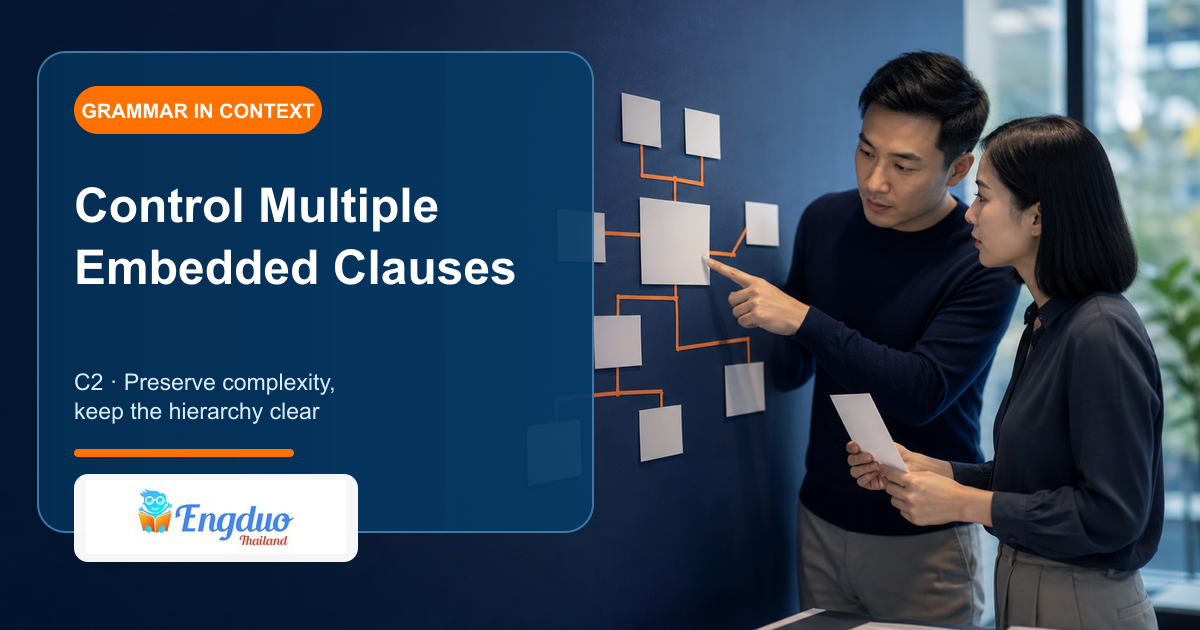 Engduo C2 grammar lesson cover showing researchers mapping a main claim with nested source condition and relative-detail clauses