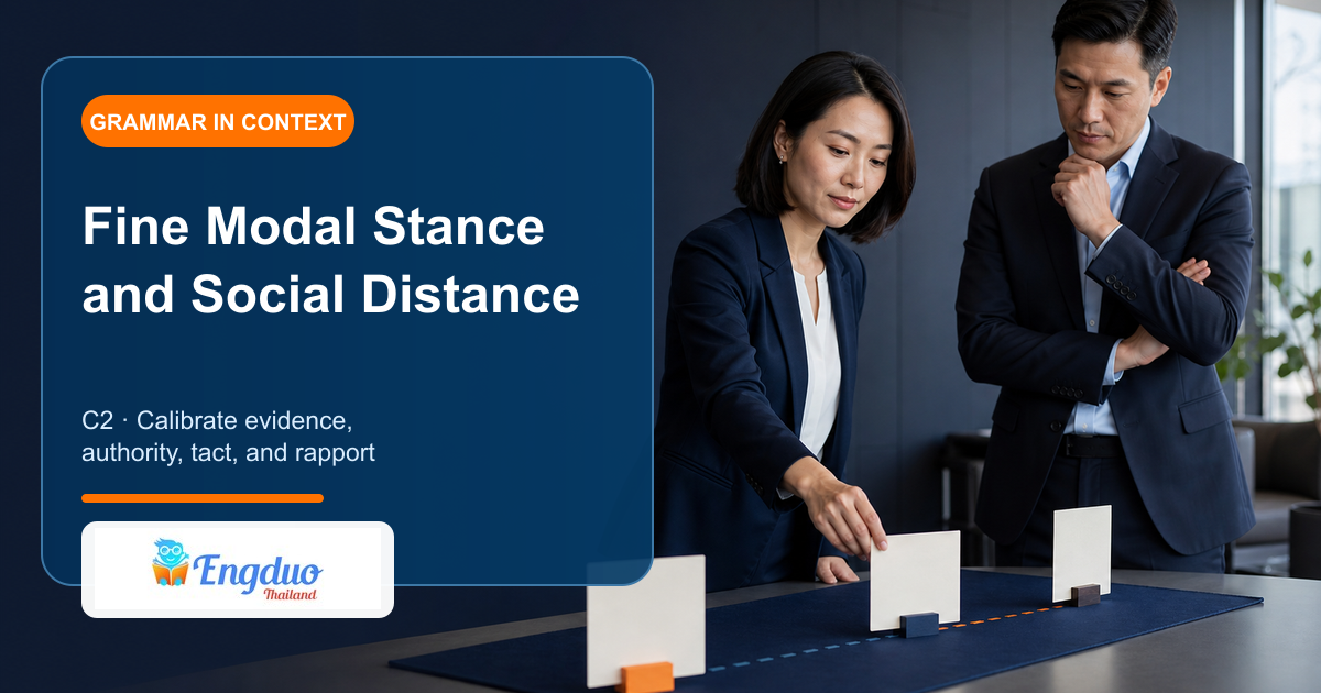 Engduo C2 grammar lesson cover showing a professional calibrating one recommendation for colleague client and senior decision-maker relationships
