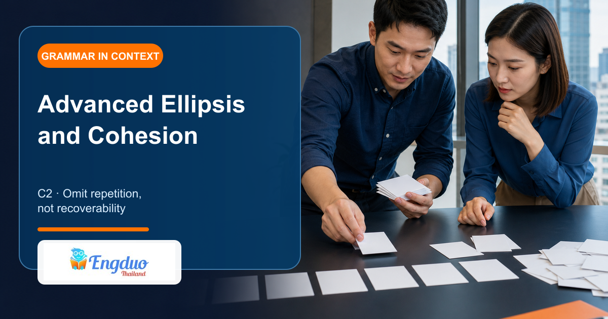 Engduo C2 grammar lesson cover showing colleagues removing repeated message blocks while preserving a clear cohesive decision chain