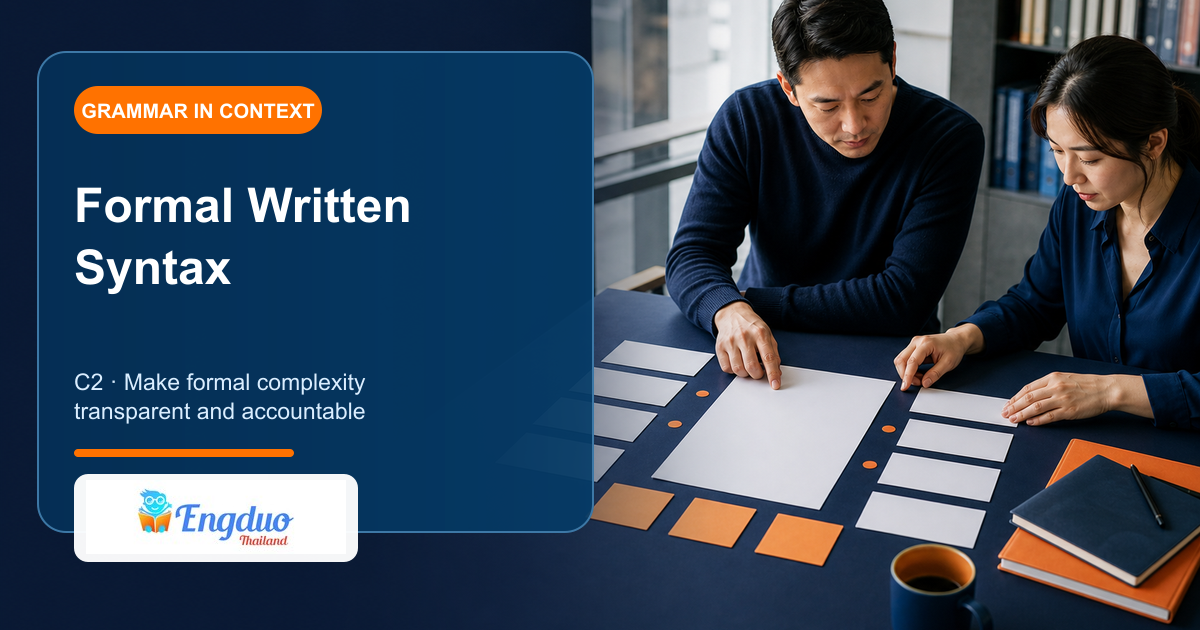 Engduo C2 grammar lesson cover showing professional editors designing a formal sentence architecture with a clear main claim and supporting layers