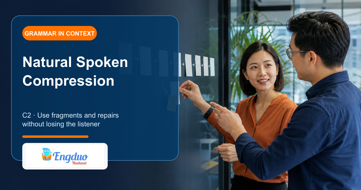 Engduo C2 grammar lesson cover showing professionals shaping a live conversation through short turns topic heads clarifying tails and self-repair