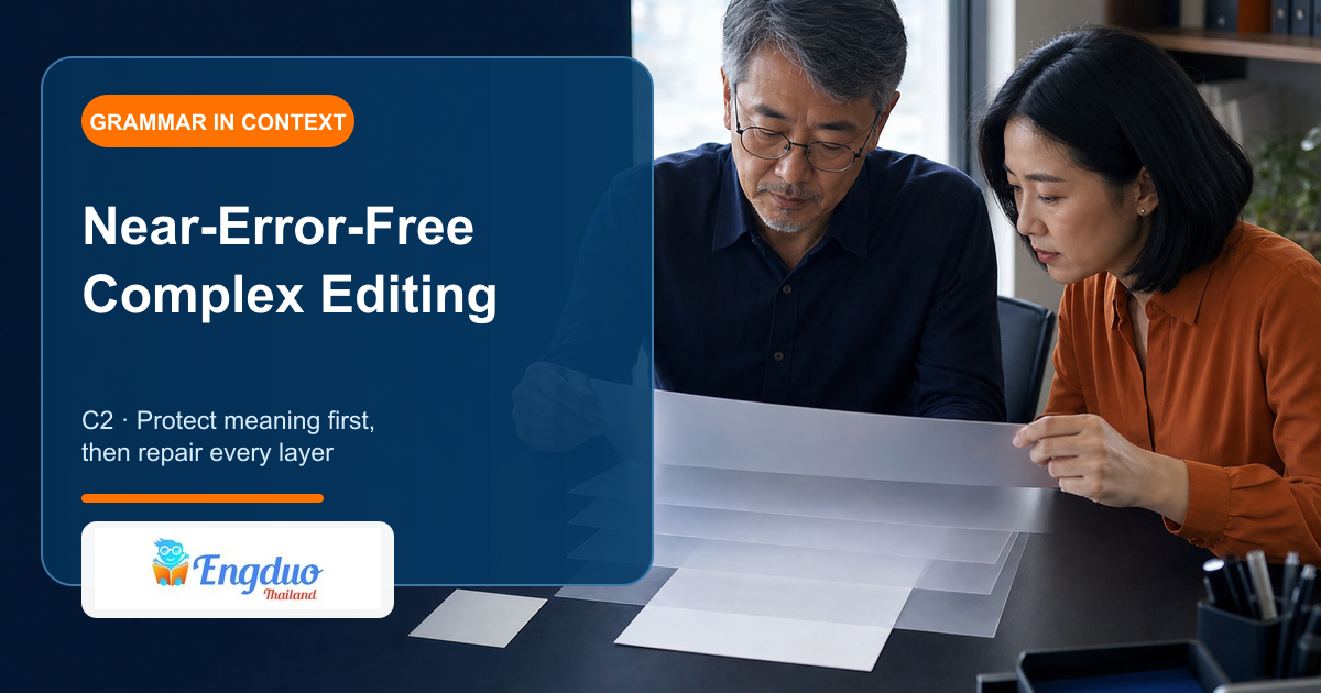 Engduo C2 grammar lesson cover showing an editor checking a complex message through layered meaning architecture and form audits