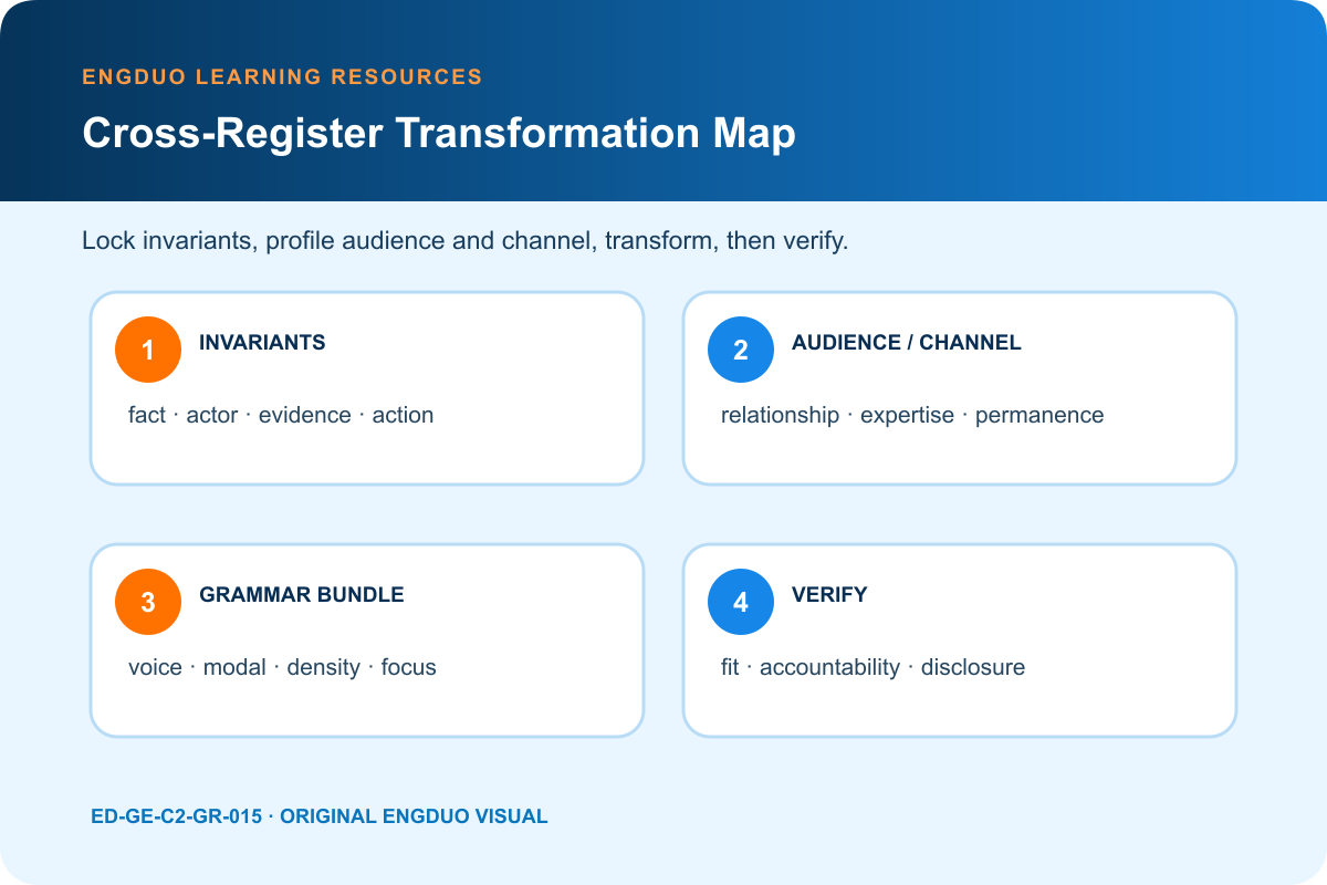 Cross-register transformation map for invariants audience channel grammar bundle and verification