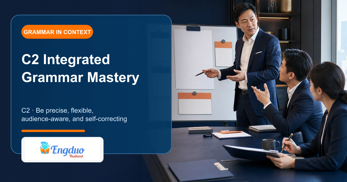 Engduo C2 mastery lesson cover showing a senior communicator integrating evidence audience register live response and final verification into one decision communication