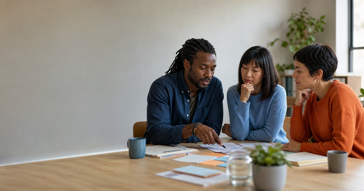 Three adult colleagues examine notes together before reaching a fair judgement