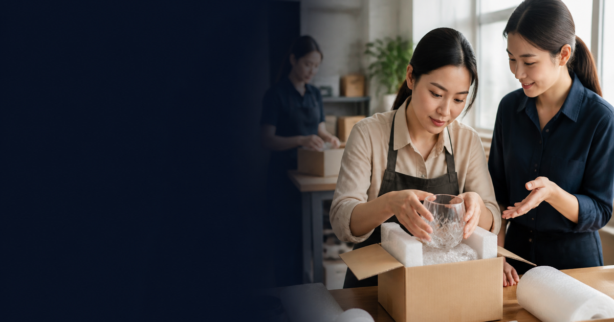 Two Thai colleagues carefully pack a fragile glass item and discuss the result