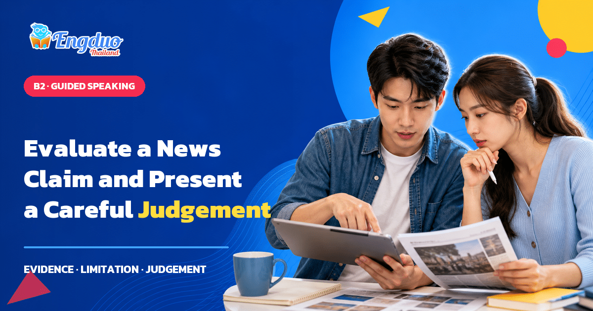 B2 Guided Speaking cover with two illustrative Asian learners comparing a tablet and a news page