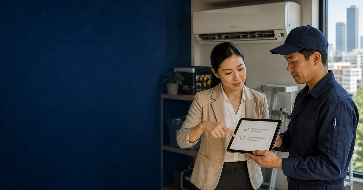 A Thai manager arranges an air-conditioning service with a technician using a task checklist