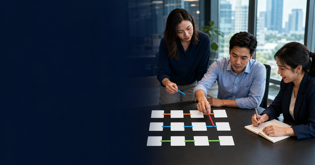 Three Thai colleagues connect blank phrase tiles into verb adjective and noun combinations