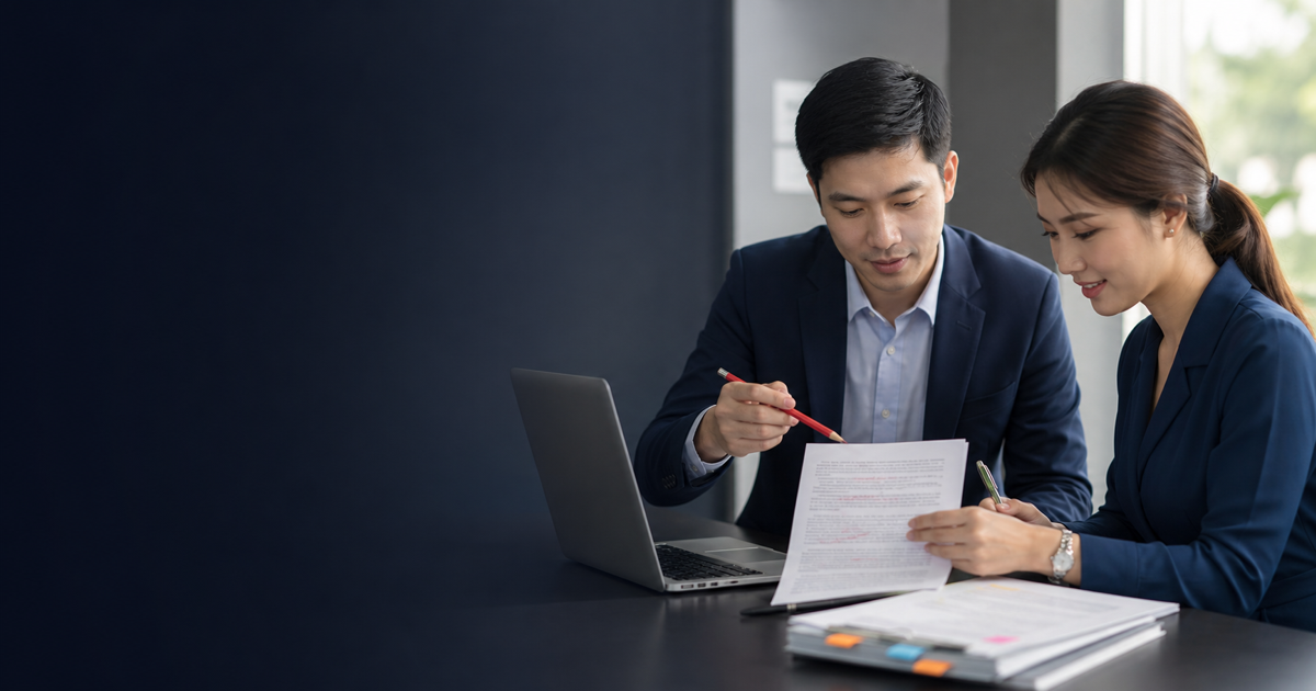 Two Thai professionals verify corrections and a change log for a complex message