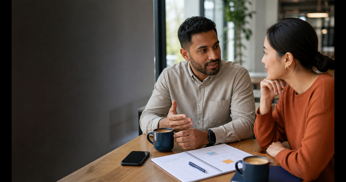Two adults having an open conversation about daily choices and habits beside a weekly planner
