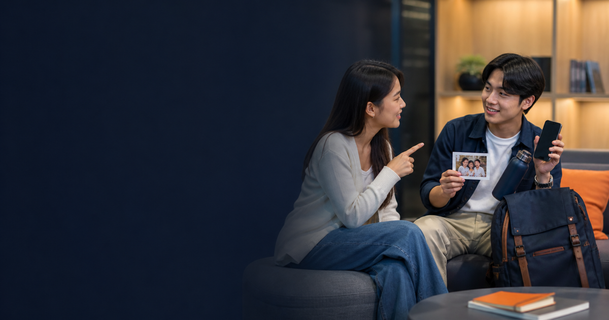 Two Thai young adults discuss a phone, backpack, water bottle and family photo