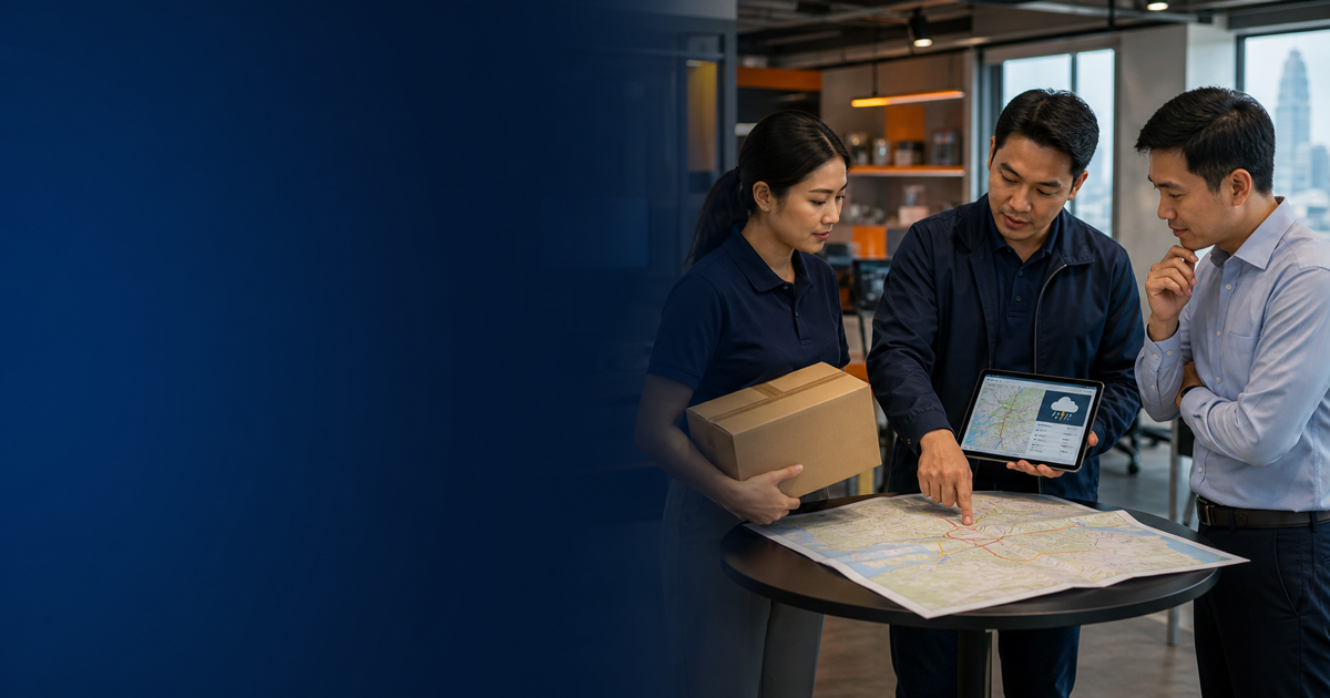 Three Thai colleagues plan a backup delivery route after seeing a weather warning