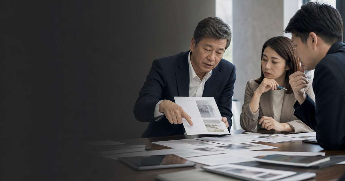 An analyst explains evidence from source documents to two colleagues