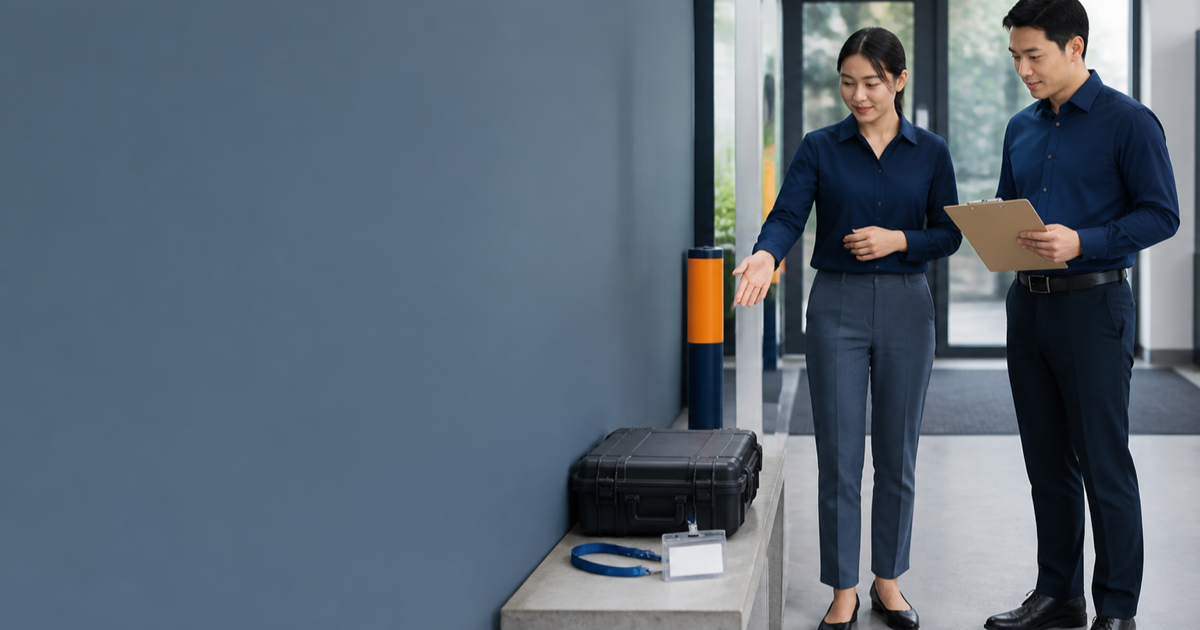 Two colleagues review access equipment and policy options at a workplace entrance