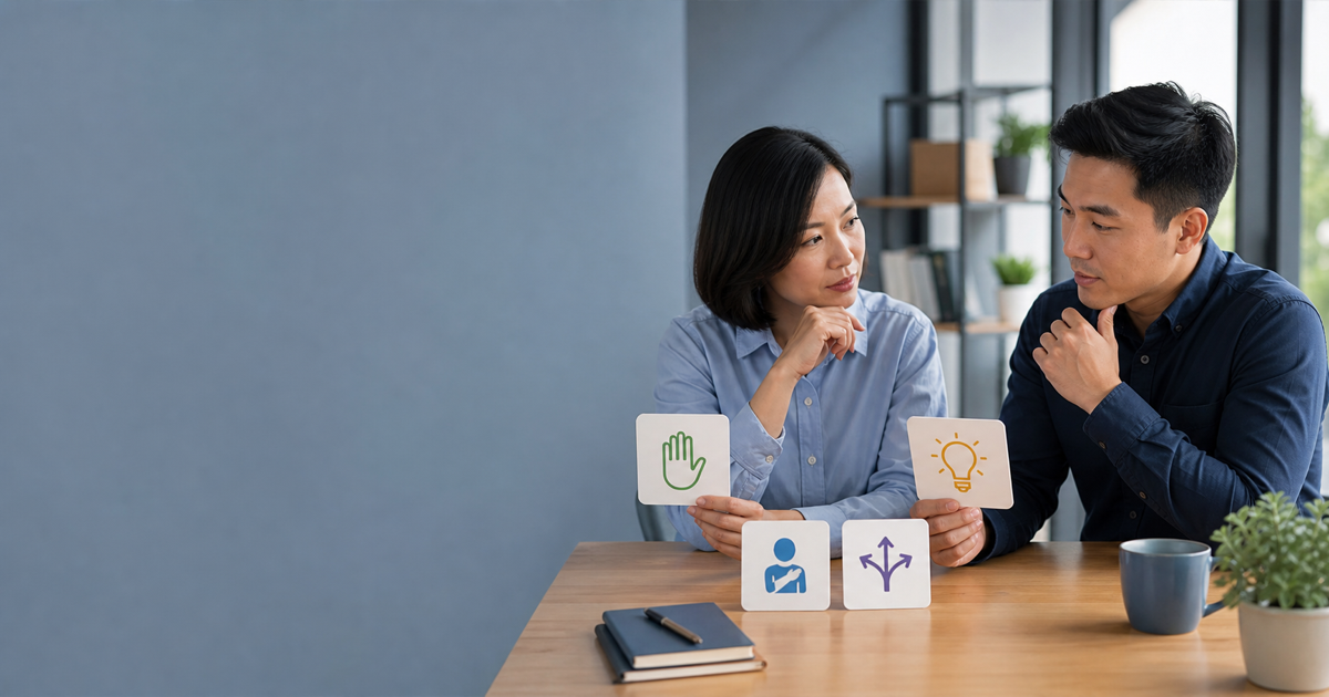 Two professionals compare four visual cues while choosing language for a real situation
